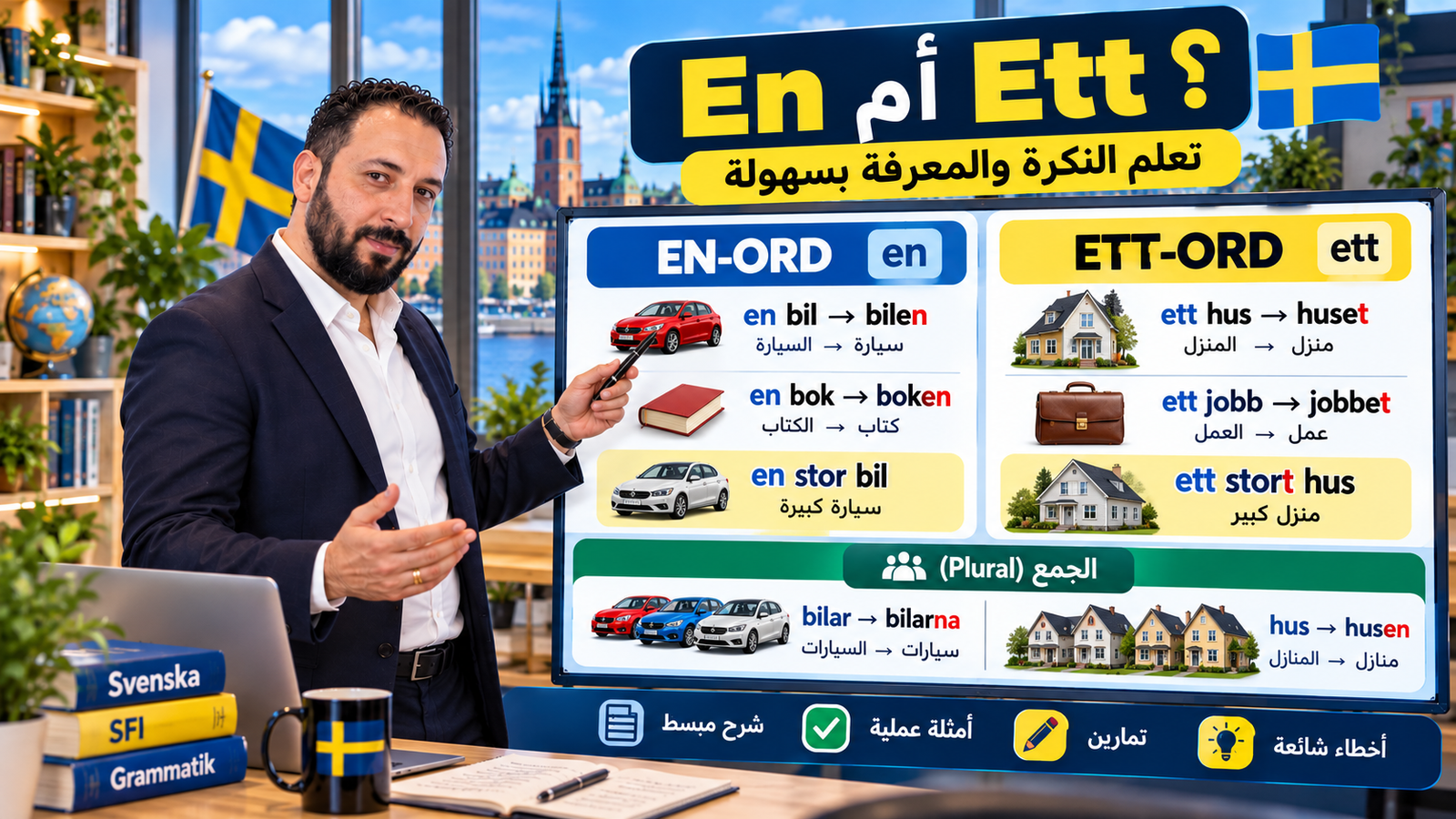 En أم Ett؟ شرح النكرة والمعرفة في السويدية مع أمثلة وتمارين لطلاب SFI