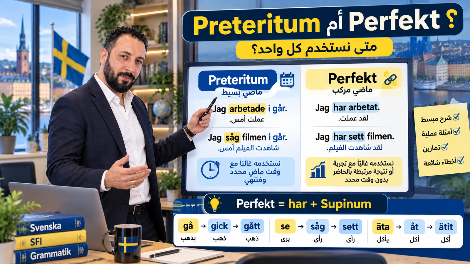 Preteritum وPerfekt في اللغة السويدية: الفرق بينهما مع أمثلة وتمارين لطلاب SFI
