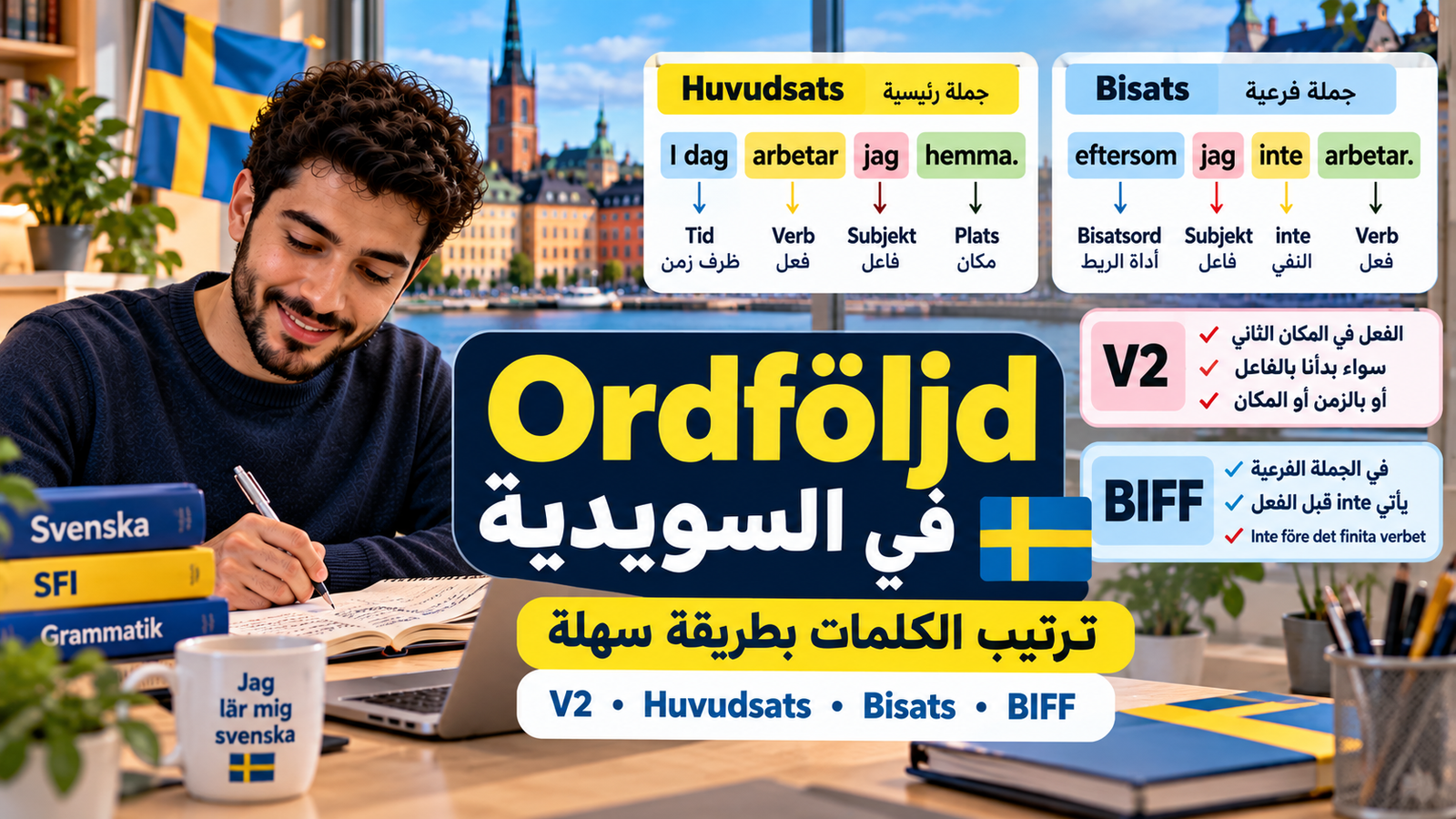 ترتيب الكلمات في اللغة السويدية Ordföljd: شرح مبسط مع أمثلة لطلاب SFI