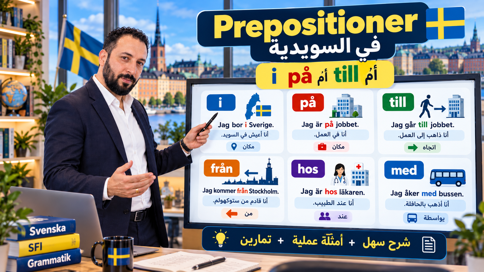 حروف الجر في اللغة السويدية Prepositioner: شرح i وpå وtill وfrån وför وmed مع أمثلة لطلاب SFI